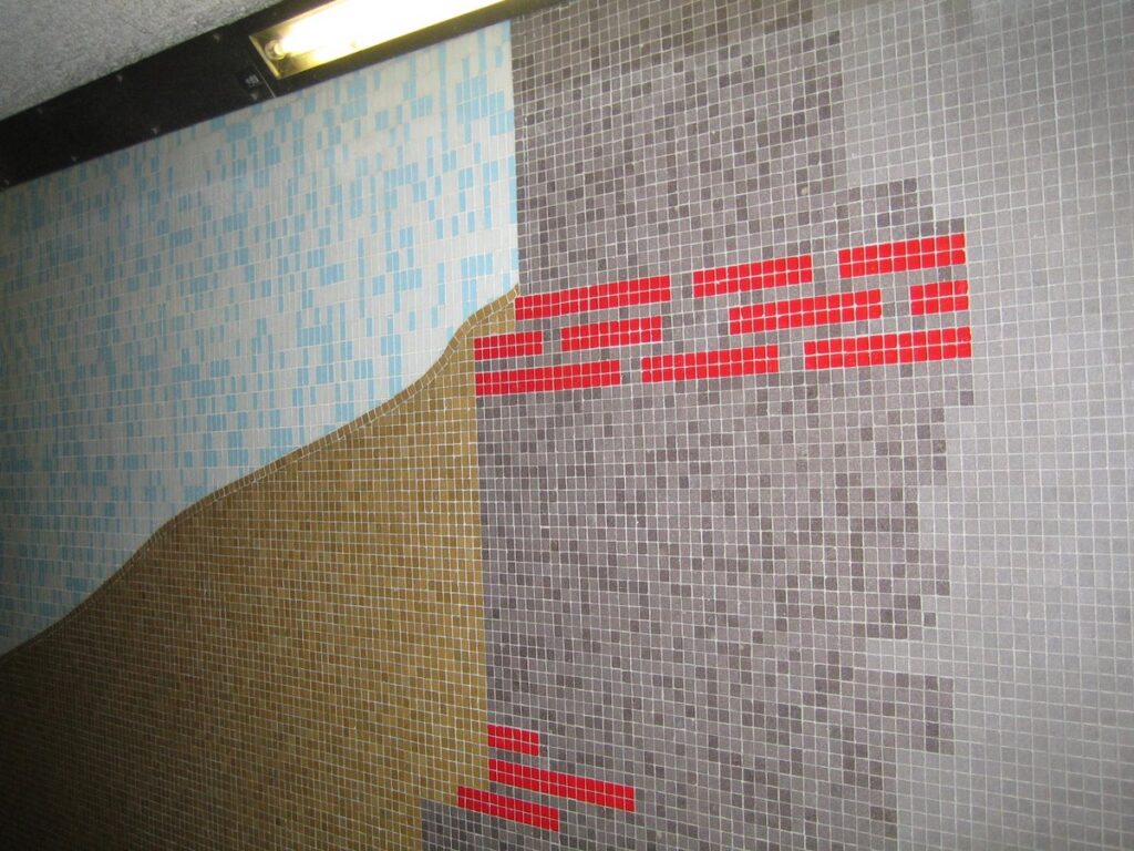 Mural of the Roman Wall in mosaic in the Duke's Place subway.