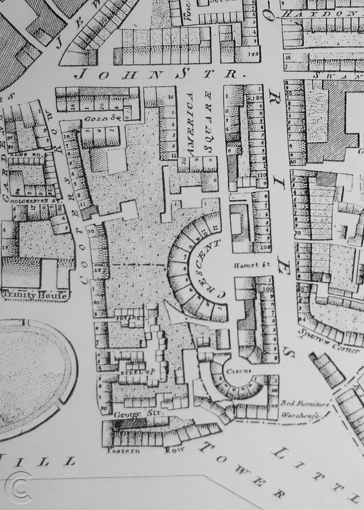 Portion of Richard Horwoods Map 1799, showing Dance's America Sq, Crescent and Circus.
