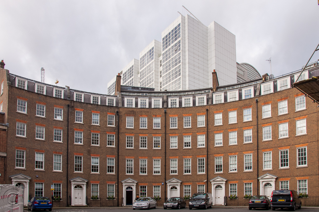 The Crescent in 2014. No. 6 and 7 on the left are original, and Nos 8-11 being the 1990's reconstructions