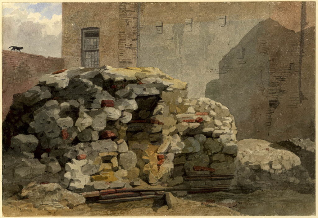 London wall, a drawing of a fragment of wall with courses of Roman work on Wormwood Street, Bishopsgate from 1808-1864, by John Wykeham Archer.