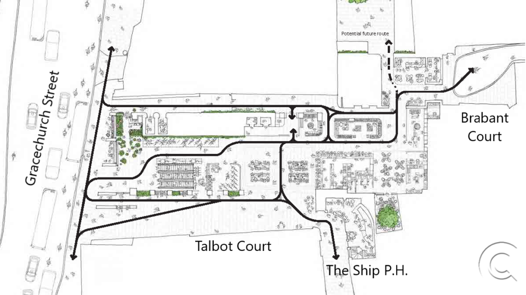 Plan showing the pedestrian routes through the 55 Gracechurch Street site